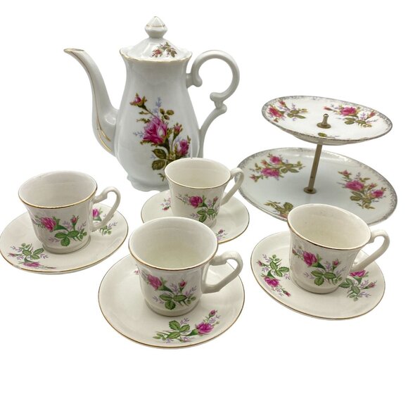 VTG Moss Rose coffee pot set Floral Chintz country cottage core shabby chic - Picture 1 of 16